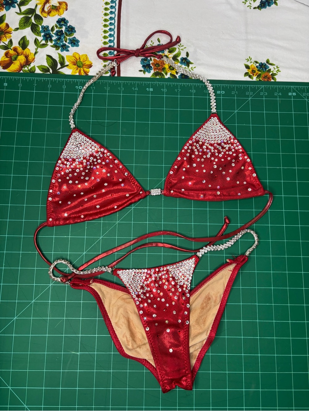 Ravish Sands Red Rhinestone Triangle Bikini Set Crystal Accents Competition Swim